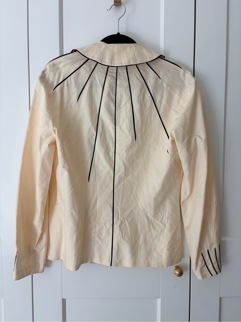 Matsuda Vintage Cream Silk Long-Sleeve Button with Black Piping Button Top | M - Picture 2 of 8